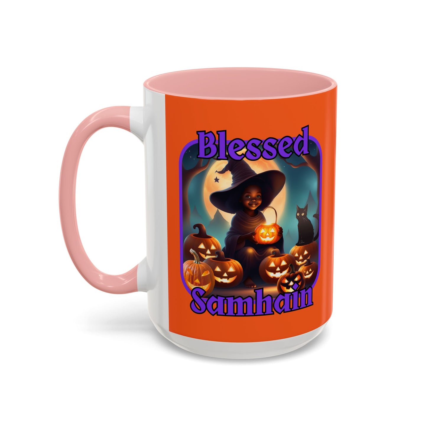 Blessed Samhain Cute Witch Purple font Orange Accent Mug by CreepyCrafts.boo