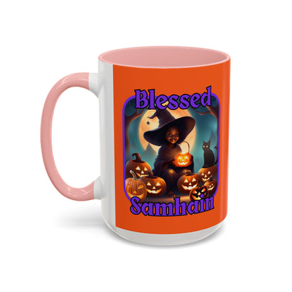 Blessed Samhain Cute Witch Purple font Orange Accent Mug by CreepyCrafts.boo