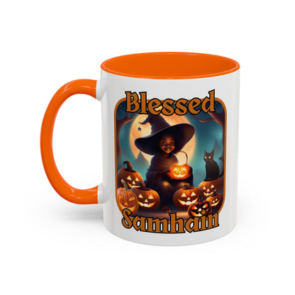 Blessed Samhain Cute Witch Orange font White Accent Mug by CreepyCrafts.boo