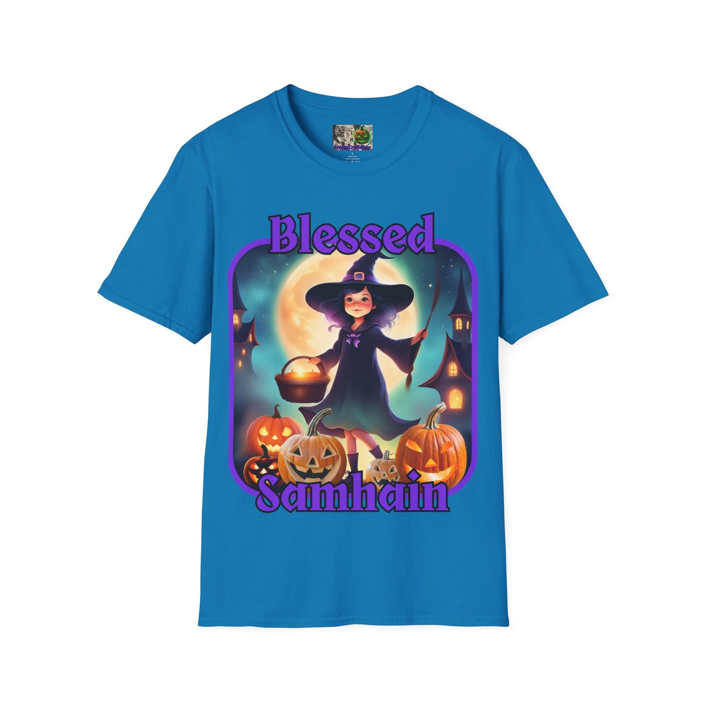 Blessed Samhain Little Witch Purple font Dark colors Unisex T-Shirt by CreepyCrafts.boo