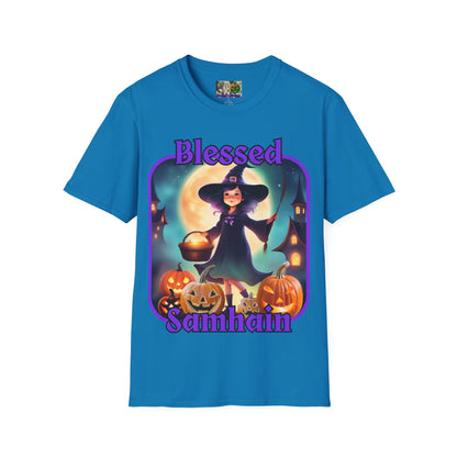 Blessed Samhain Little Witch Purple font Dark colors Unisex T-Shirt by CreepyCrafts.boo
