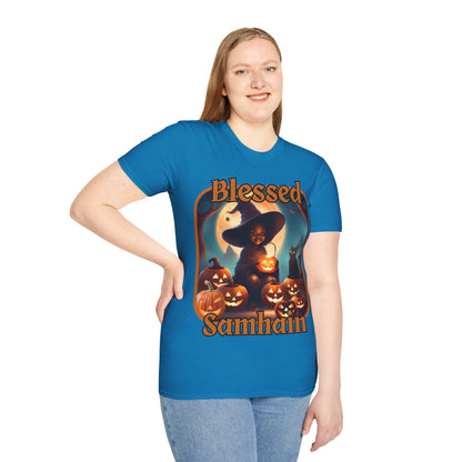 Blessed Samhain Cute Witch Orange font Dark colors Unisex T-Shirt by CreepyCrafts.boo