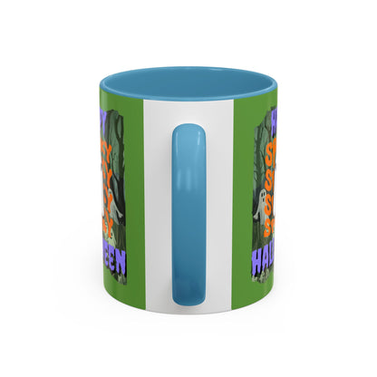 Spooky Happy Halloween Ghost Purple font Green Accent Mug by CreepyCrafts.boo