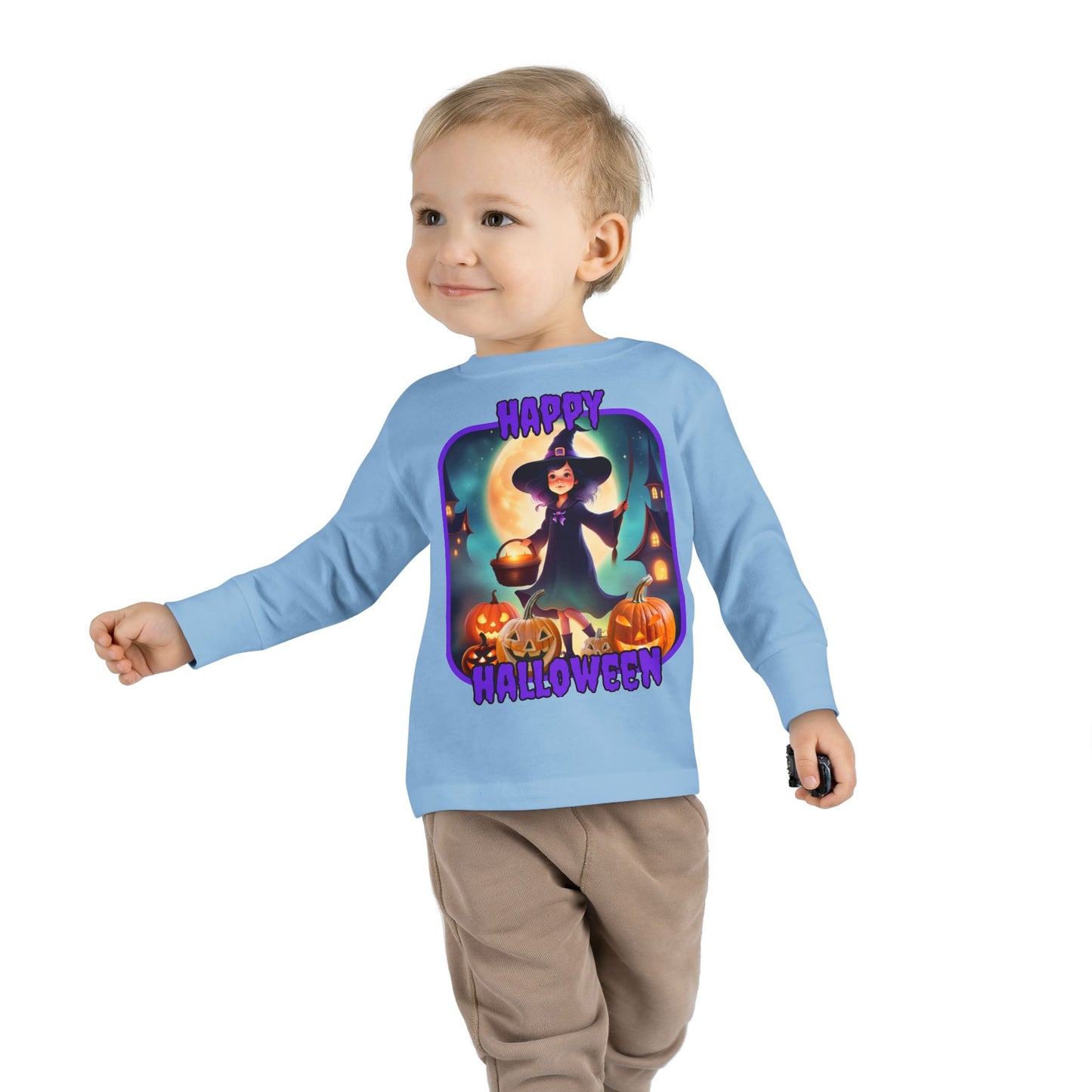 Happy Halloween Little Witch Purple font Toddler Long Sleeve Tee by CreepyCrafts.boo