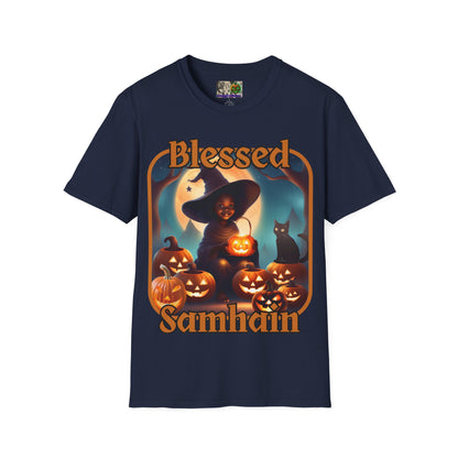 Blessed Samhain Cute Witch Orange font Dark colors Unisex T-Shirt by CreepyCrafts.boo
