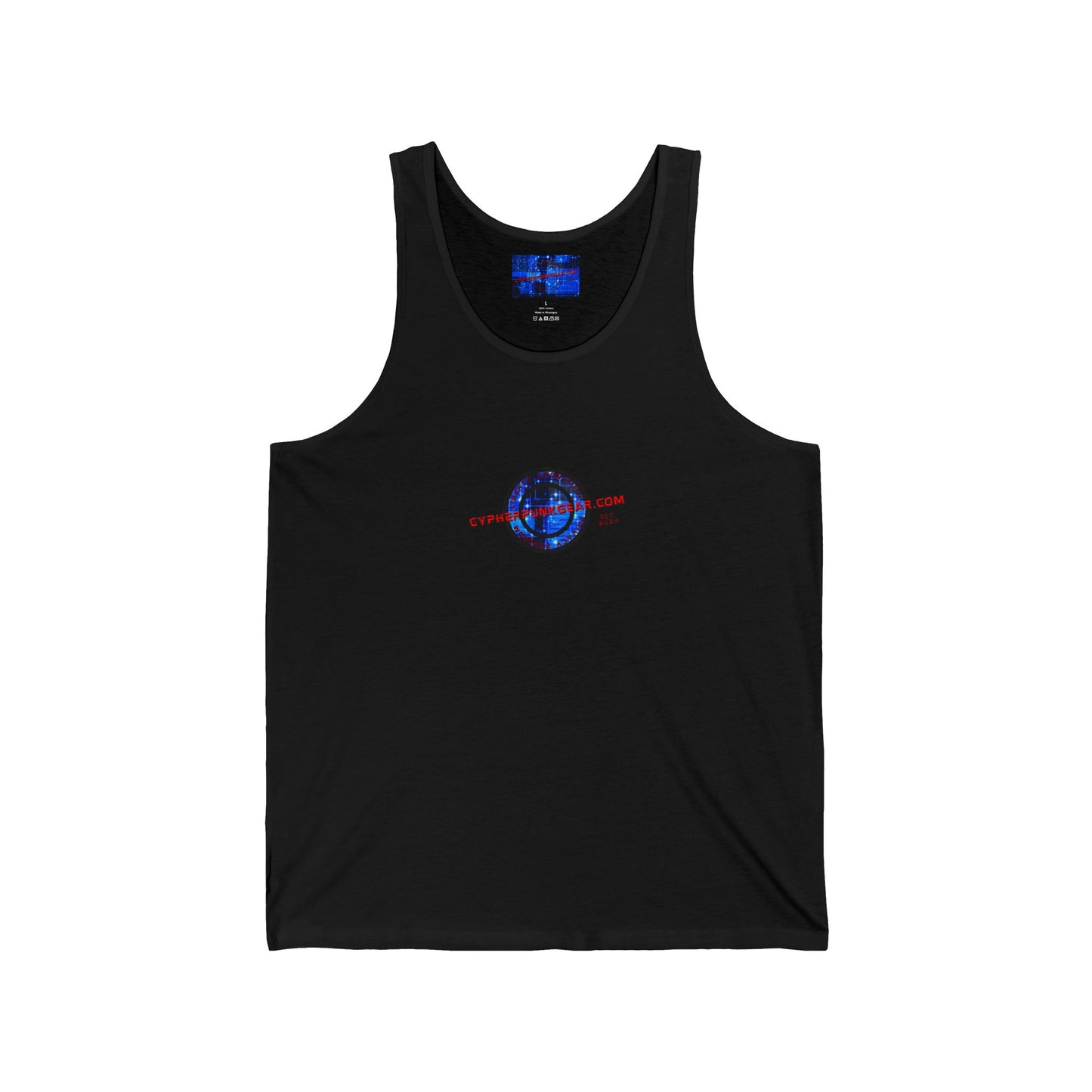 2-sided, cypherpunkgear.com Logo & Cityscape Unisex Jersey Tank Top by cypherpunkgear.com