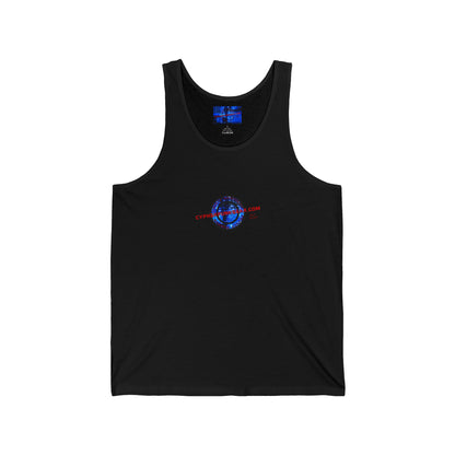 2-sided, cypherpunkgear.com Logo & Cityscape Unisex Jersey Tank Top by cypherpunkgear.com