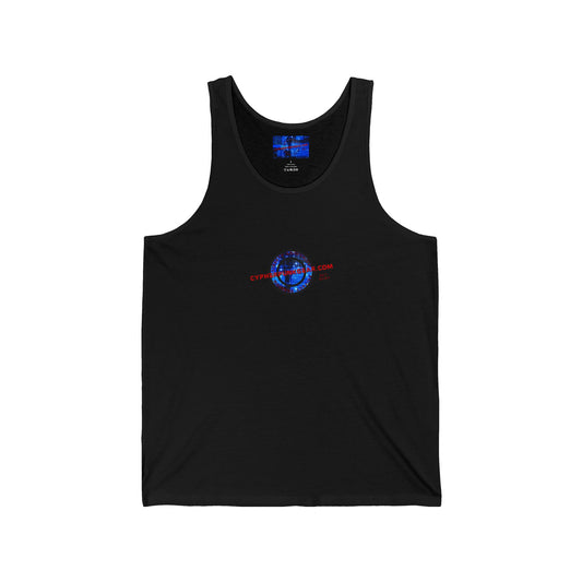 2-sided, cypherpunkgear.com Logo & Cityscape Unisex Jersey Tank Top by cypherpunkgear.com