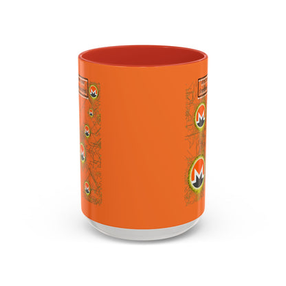Monero (XMR) don't assume your freedoms are assured Orange Accent Mug by cypherpunkgear.com