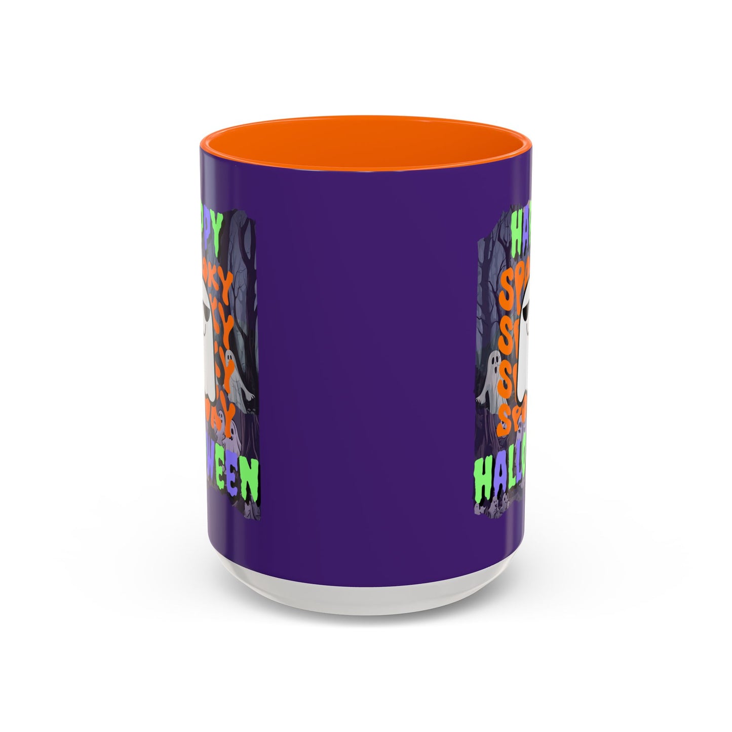 Spooky Happy Halloween Ghost Mixed font Purple Accent Mug by CreepyCrafts.boo
