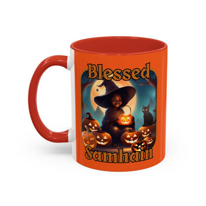 Blessed Samhain Cute Witch Orange font Orange Accent Mug by CreepyCrafts.boo