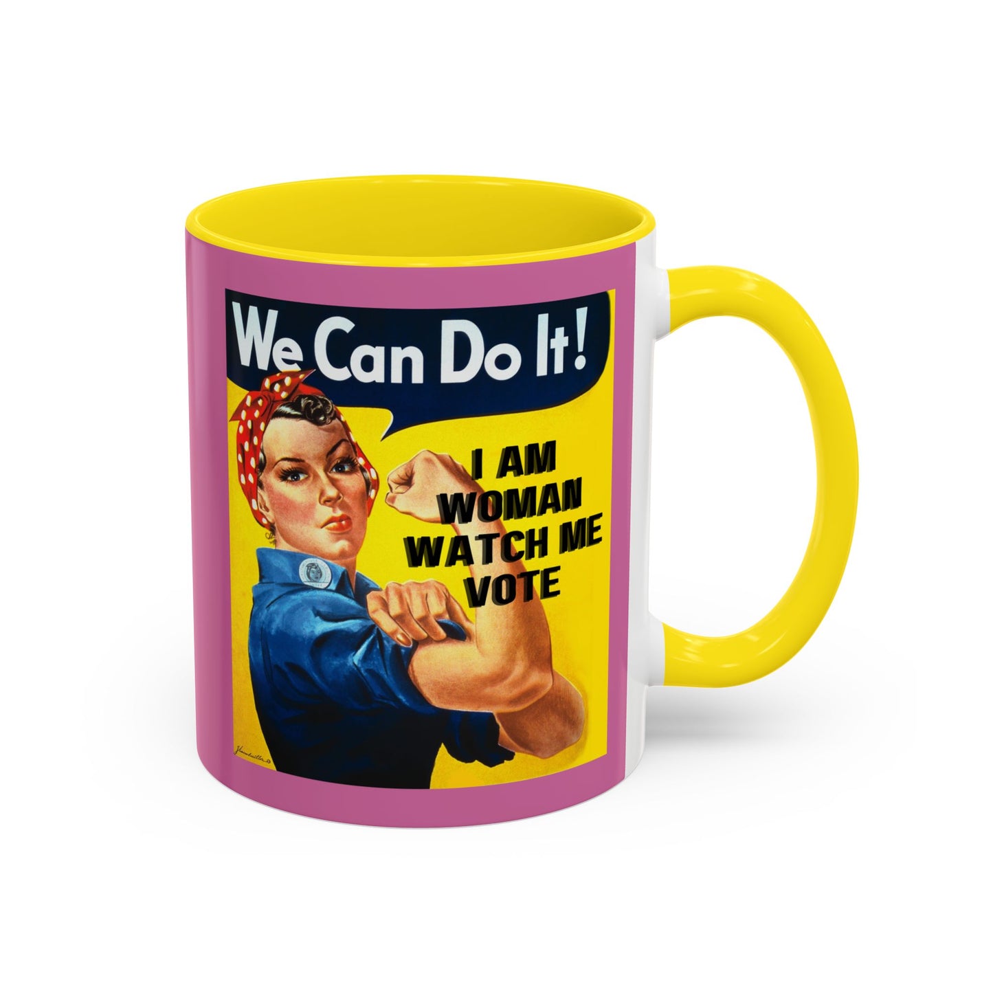 I Am Woman Watch Me Vote Rosie Pink Accent Mug by cypherpunkgear.com