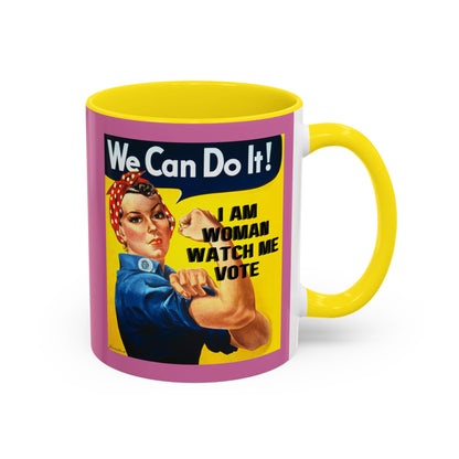 I Am Woman Watch Me Vote Rosie Pink Accent Mug by cypherpunkgear.com