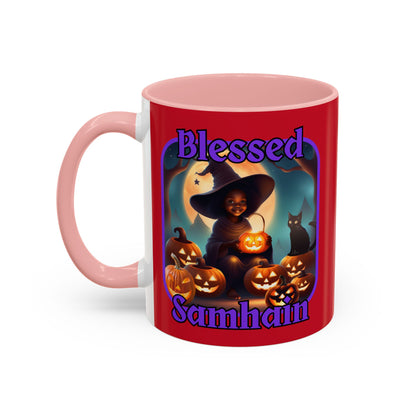 Blessed Samhain Cute Witch Purple font Red Accent Mug by CreepyCrafts.boo