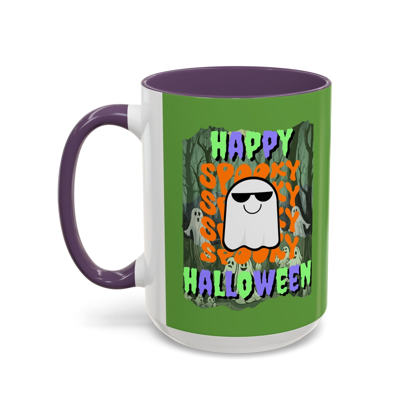 Spooky Happy Halloween Ghost Mixed font Green Accent Mug by CreepyCrafts.boo