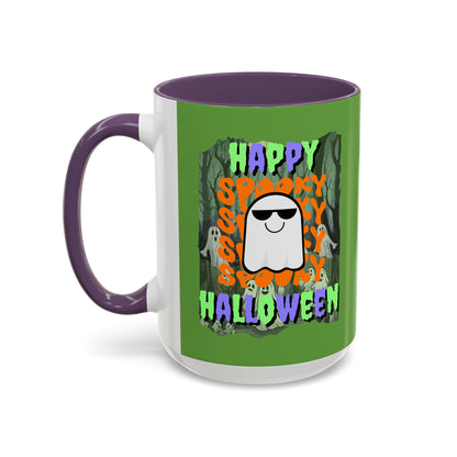 Spooky Happy Halloween Ghost Mixed font Green Accent Mug by CreepyCrafts.boo