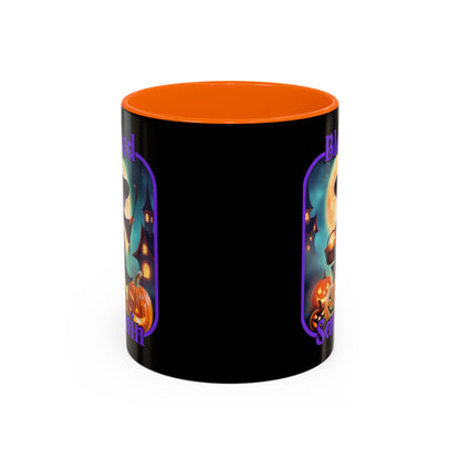 Blessed Samhain Little Witch Purple font Black Accent Mug by CreepyCrafts.boo