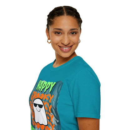 Spooky Happy Halloween Ghost Dark colors Green font Unisex T-Shirt by CreepyCrafts.boo