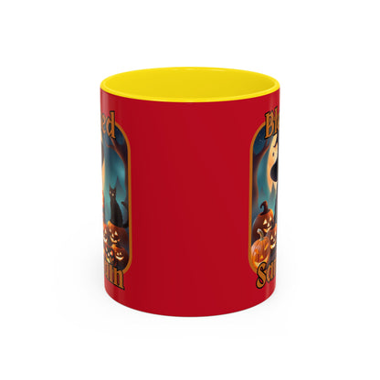 Blessed Samhain Cute Witch Orange font Red Accent Mug by CreepyCrafts.boo
