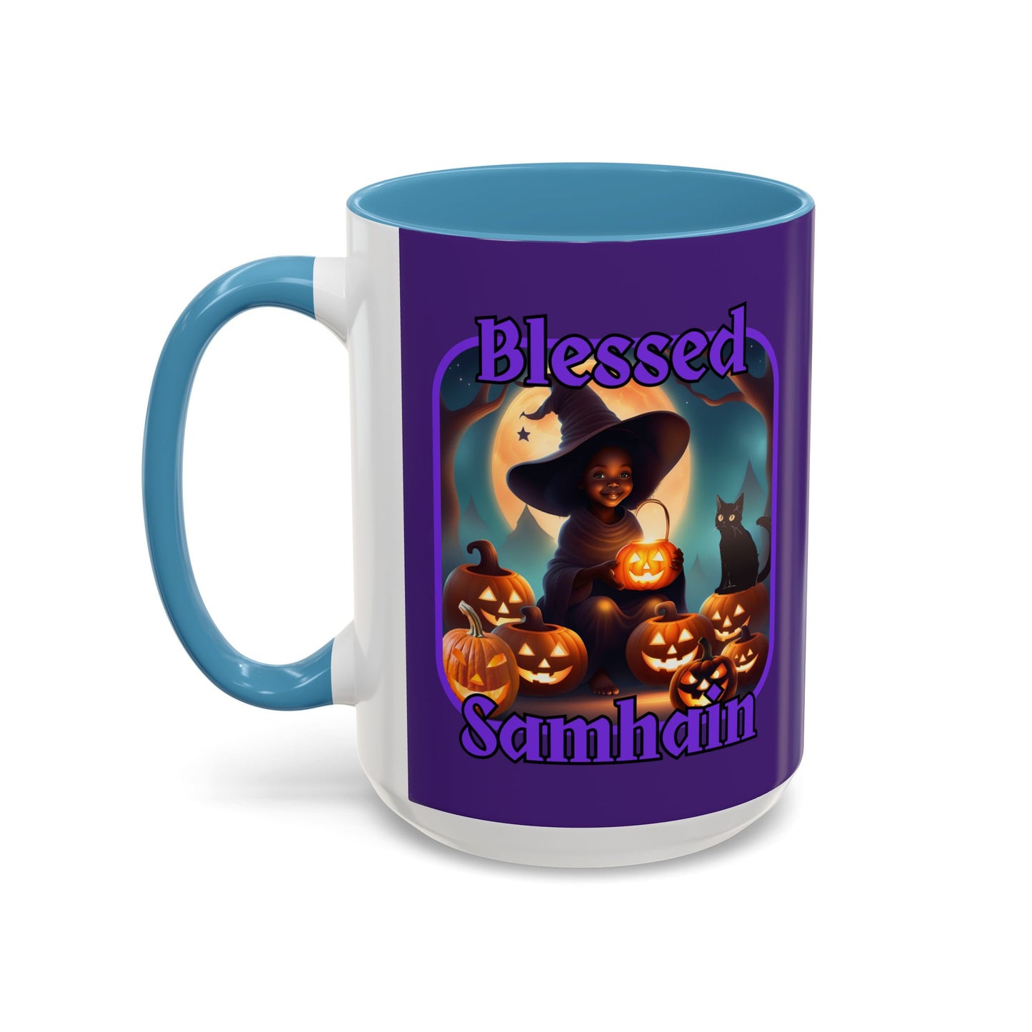 Blessed Samhain Cute Witch Purple font Purple Accent Mug by CreepyCrafts.boo