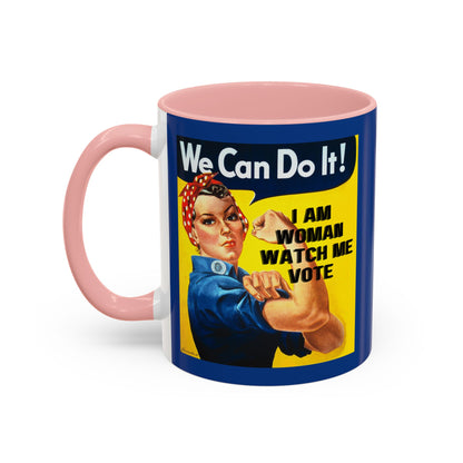 I Am Woman Watch Me Vote Rosie Dark Blue Accent Mug by cypherpunkgear.com