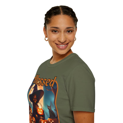 Blessed Samhain Cute Witch Orange font Dark colors Unisex T-Shirt by CreepyCrafts.boo