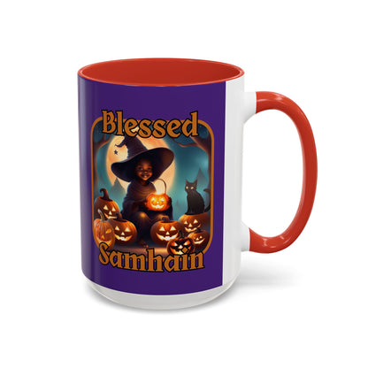 Blessed Samhain Cute Witch Orange font Purple Accent Mug by CreepyCrafts.boo