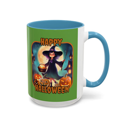 Happy Halloween Little Witch Orange font Green Accent Mug by CreepyCrafts.boo