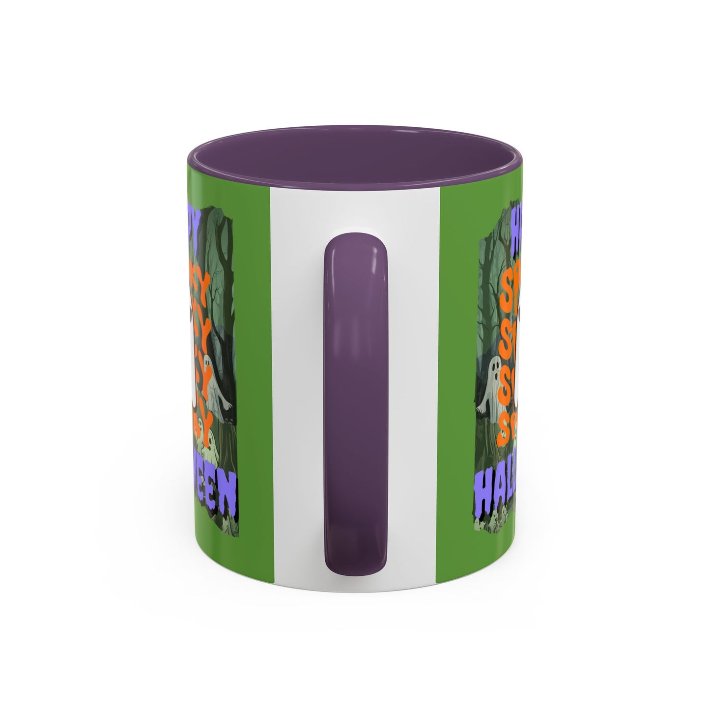 Spooky Happy Halloween Ghost Purple font Green Accent Mug by CreepyCrafts.boo