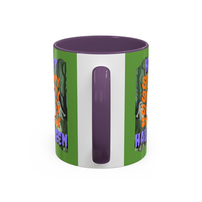Spooky Happy Halloween Ghost Purple font Green Accent Mug by CreepyCrafts.boo