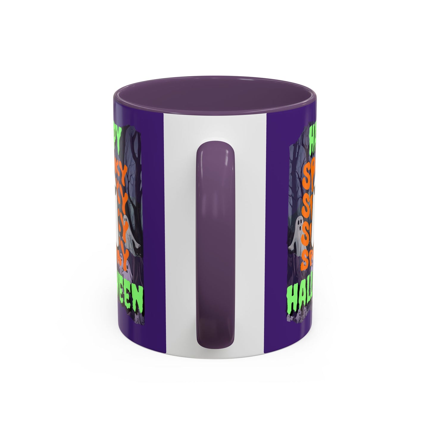 Spooky Happy Halloween Ghost Green font Purple Accent Mug by CreepyCrafts.boo