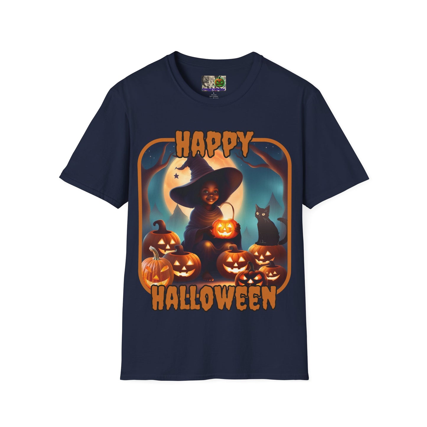 Happy Halloween Cute Witch Orange font, Dark colors, Unisex T-Shirt by CreepyCrafts.boo