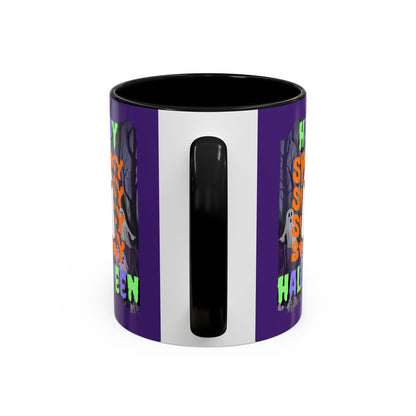 Spooky Happy Halloween Ghost Mixed font Purple Accent Mug by CreepyCrafts.boo