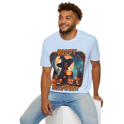 Happy Halloween Cute Witch Orange font, Light colors, Unisex T-Shirt by CreepyCrafts.boo