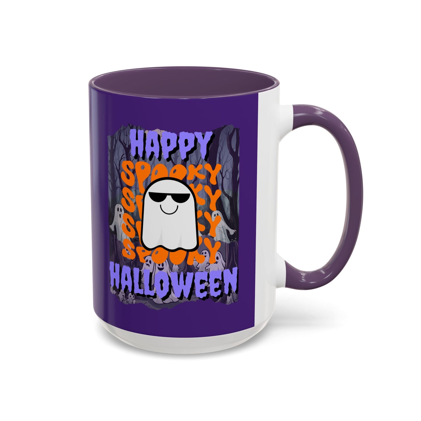 Spooky Happy Halloween Ghost Purple font Purple Accent Mug by CreepyCrafts.boo