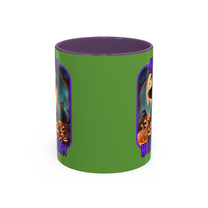 Happy Halloween Cute Witch Purple font Green Accent Mug by CreepyCrafts.boo