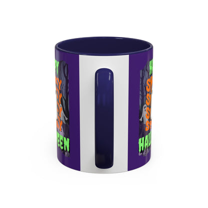 Spooky Happy Halloween Ghost Green font Purple Accent Mug by CreepyCrafts.boo