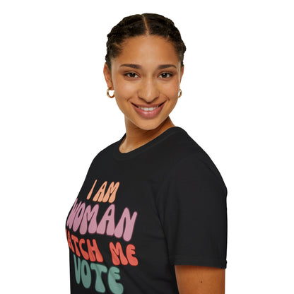 2-sided I Am Woman Watch Me Vote DKcolors Unisex T-Shirt by cypherpunkgear