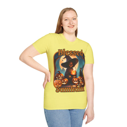 Blessed Samhain Cute Witch Orange font Light colors Unisex T-Shirt by CreepyCrafts.boo