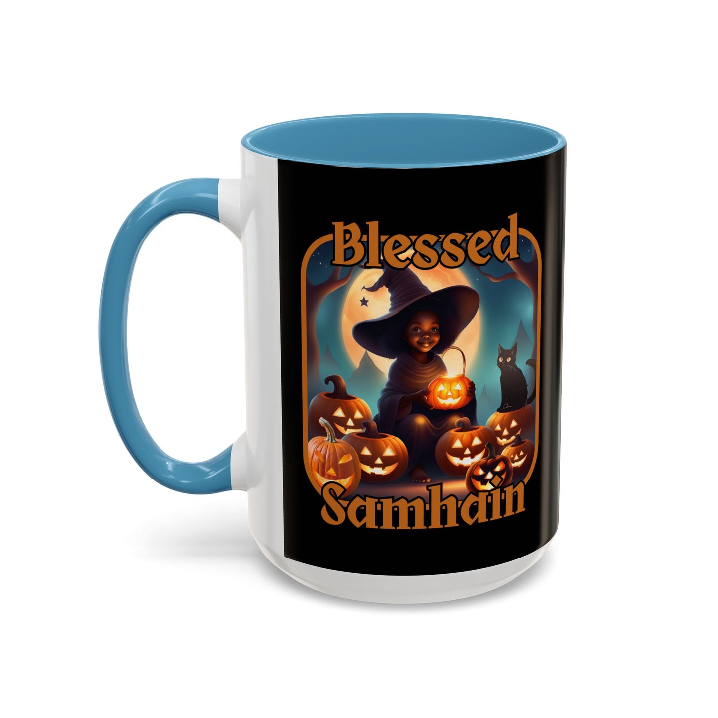 Blessed Samhain Cute Witch Orange font Black Accent Mug by CreepyCrafts.boo