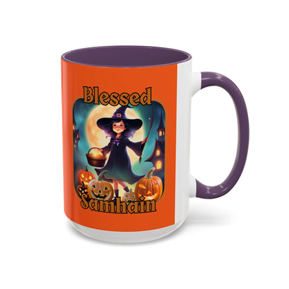 Blessed Samhain Little Witch Orange font Orange Accent Mug by CreepyCrafts.boo