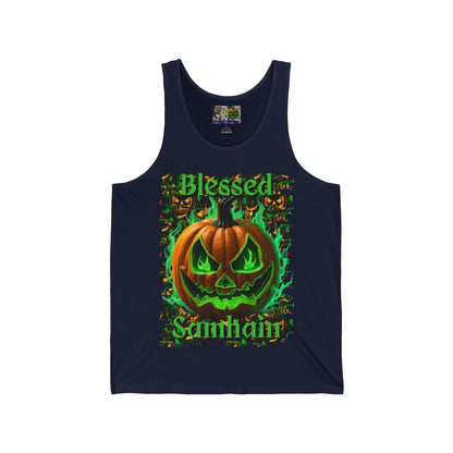 Blessed Samhain Green Jack Unisex Jersey Tank Top by CreepyCrafts.boo