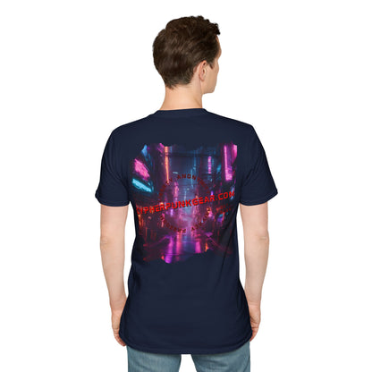 2-sided, cypherpunkgear.com Logo & Cityscape Dark colors Unisex T-Shirt by cypherpunkgear.com