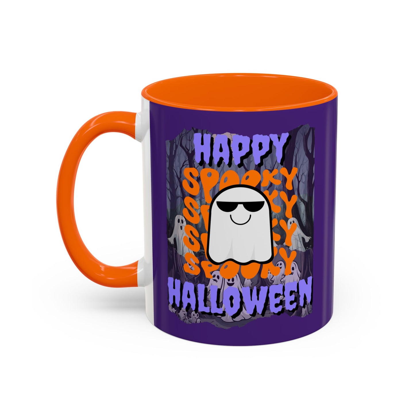 Spooky Happy Halloween Ghost Purple font Purple Accent Mug by CreepyCrafts.boo