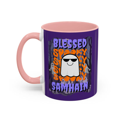 Spooky Blessed Samhain Ghost Purple font Accent Mug by CreepyCrafts.boo