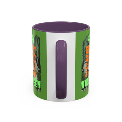 Spooky Happy Halloween Ghost Green font Green Accent Mug by CreepyCrafts.boo