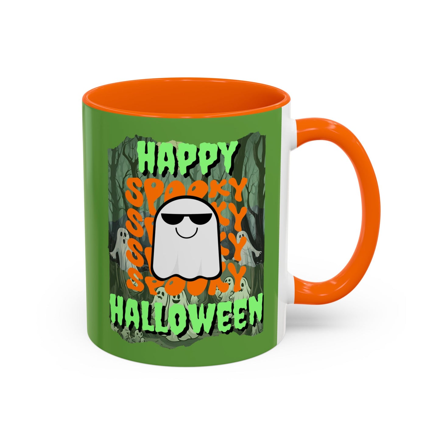 Spooky Happy Halloween Ghost Green font Green Accent Mug by CreepyCrafts.boo