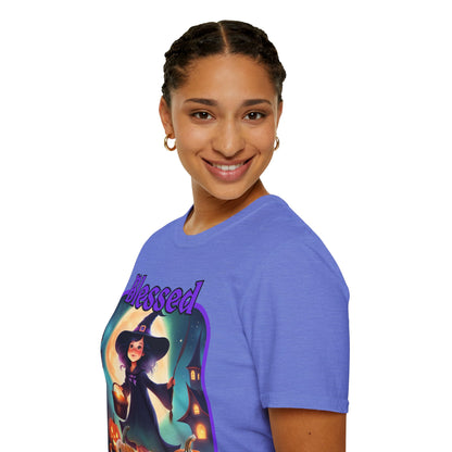 Blessed Samhain Little Witch Purple font Light colors Unisex T-Shirt by CreepyCrafts.boo