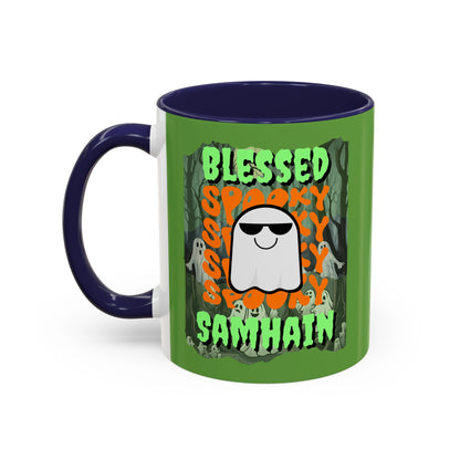 Spooky Blessed Samhain Ghost Green font Accent Mug by CreepyCrafts.boo