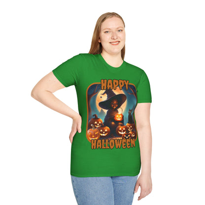 Happy Halloween Cute Witch Orange font, Dark colors, Unisex T-Shirt by CreepyCrafts.boo